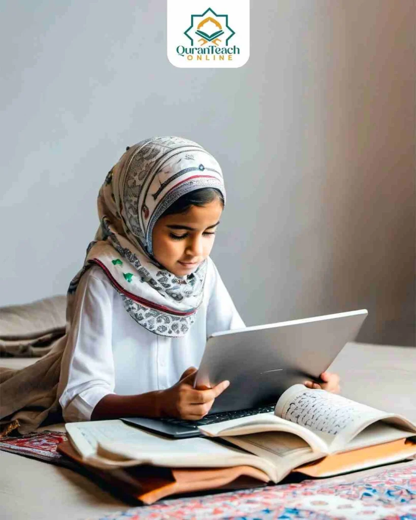 a female student learning quran darse nizami course online on laptop