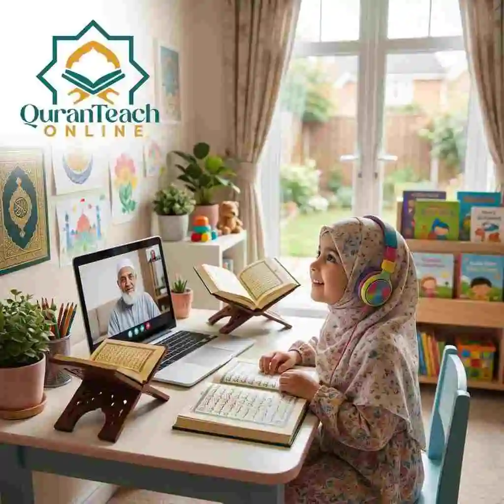 A little girls is taking islamic teachings from the qari shb on a laptop.