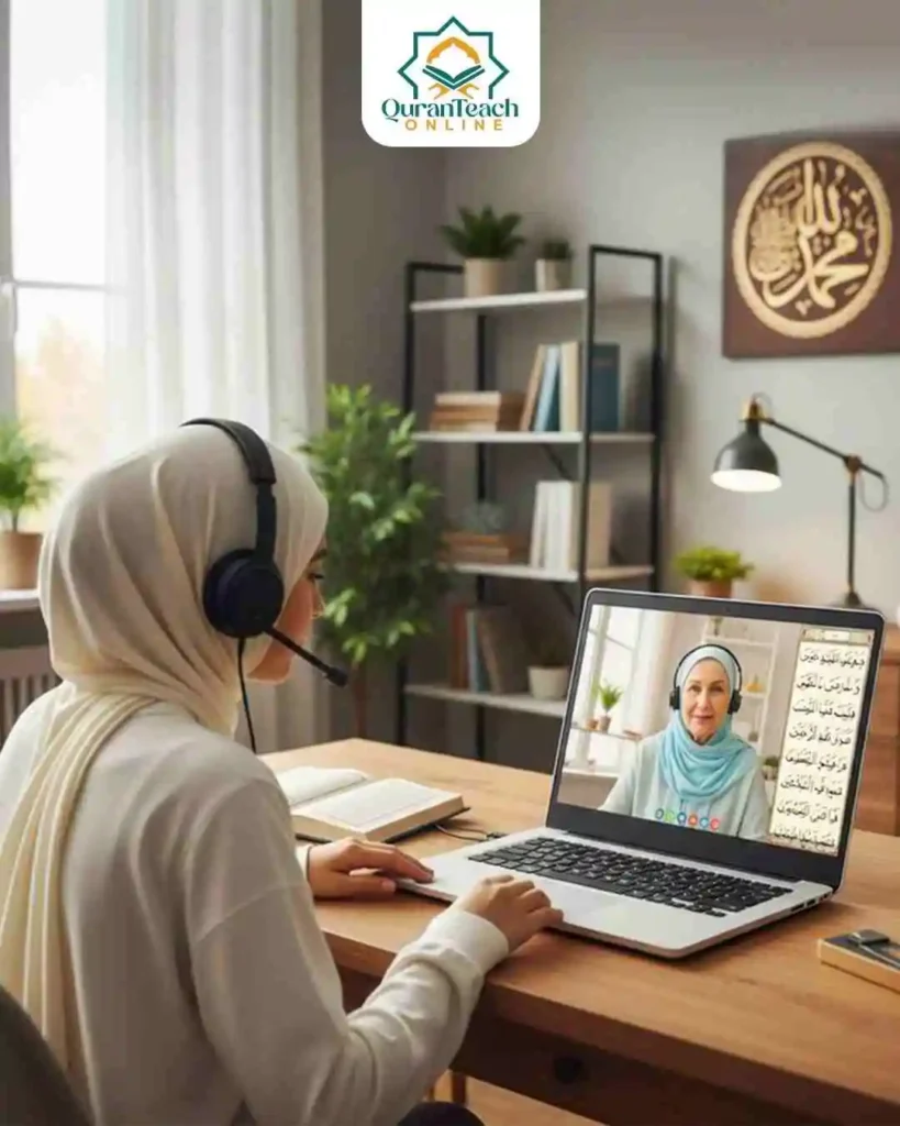 A student taking tajweed quran pronunciation classes online by a female teacher